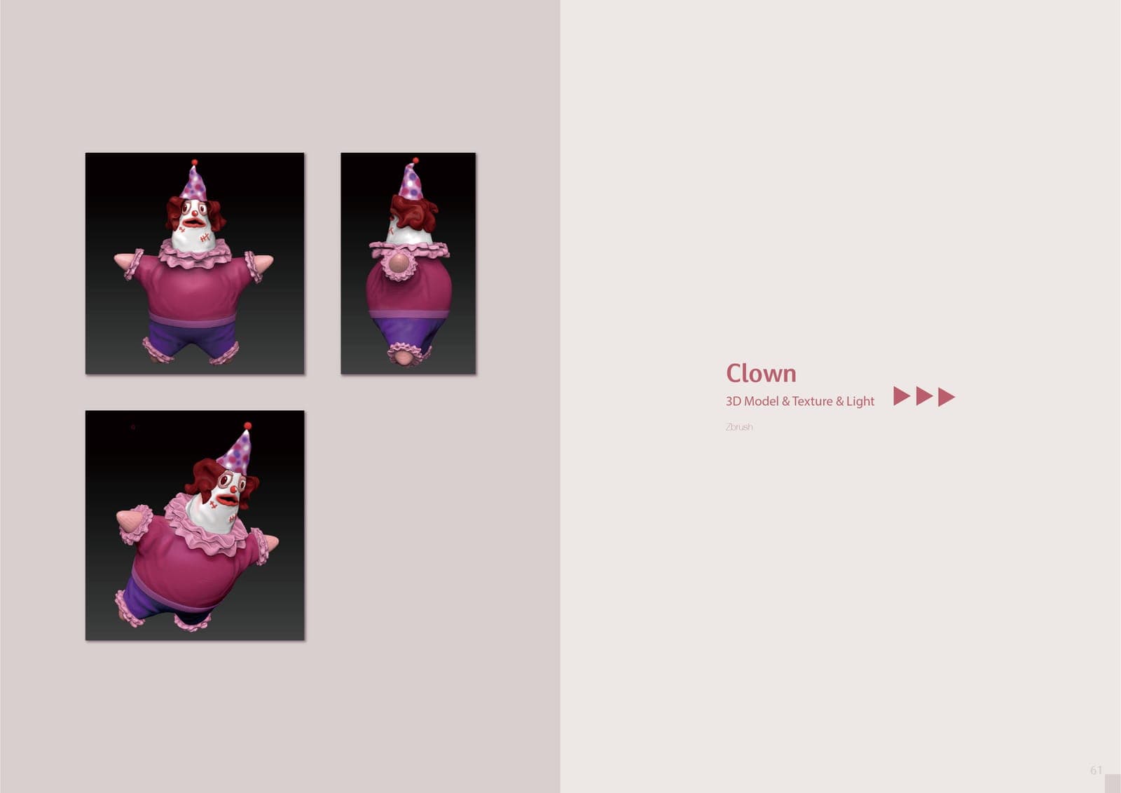 Three ZBrush renders of a plump clown character with red hair, party hat, and ruffled collar, shown front, back, and angled views; project titled Clown.