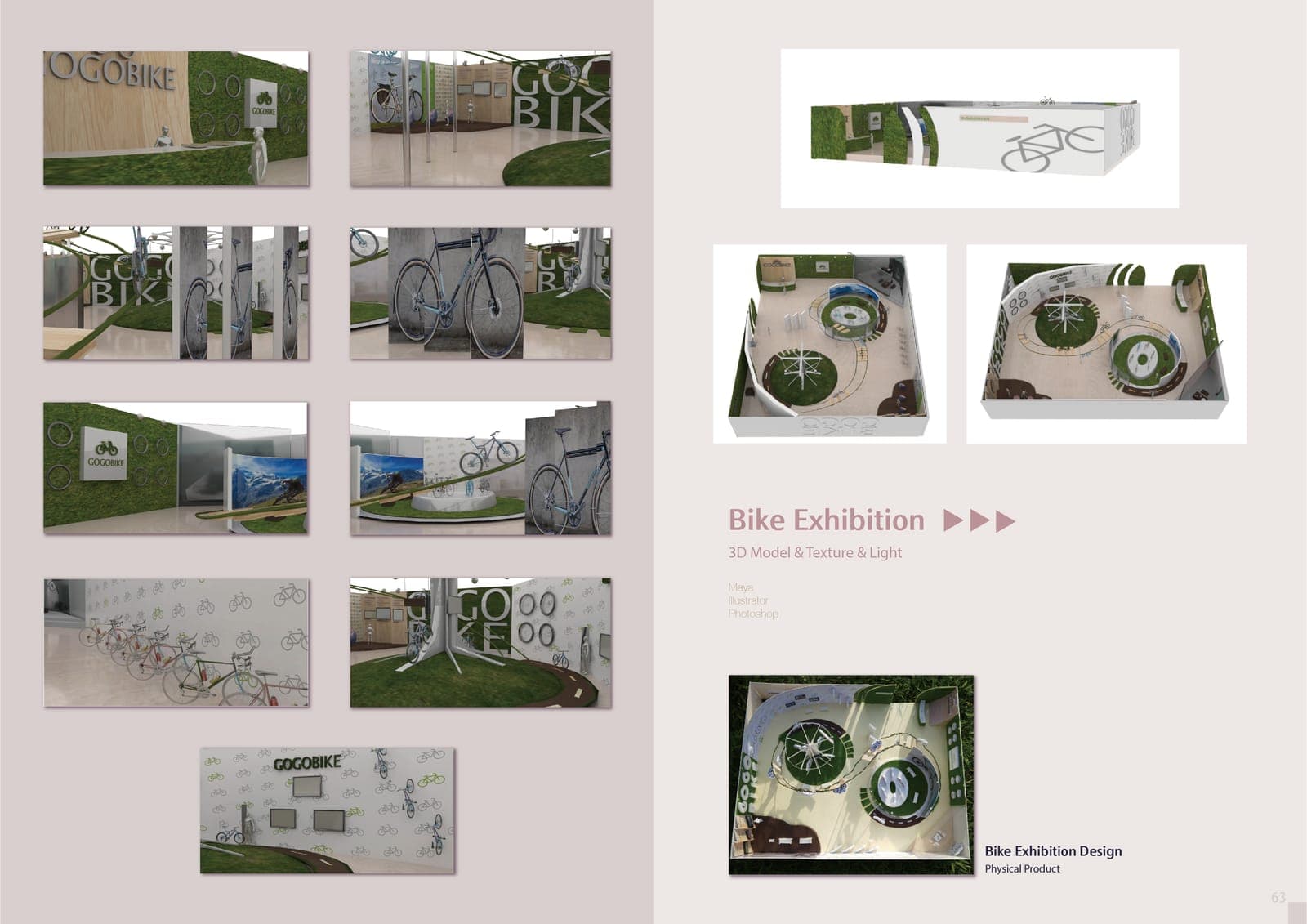 Renders of a GOGOBIKE bicycle exhibition space: interior views with grass walls and bike displays, top-down floor plans, and a photo of the physical scale model.