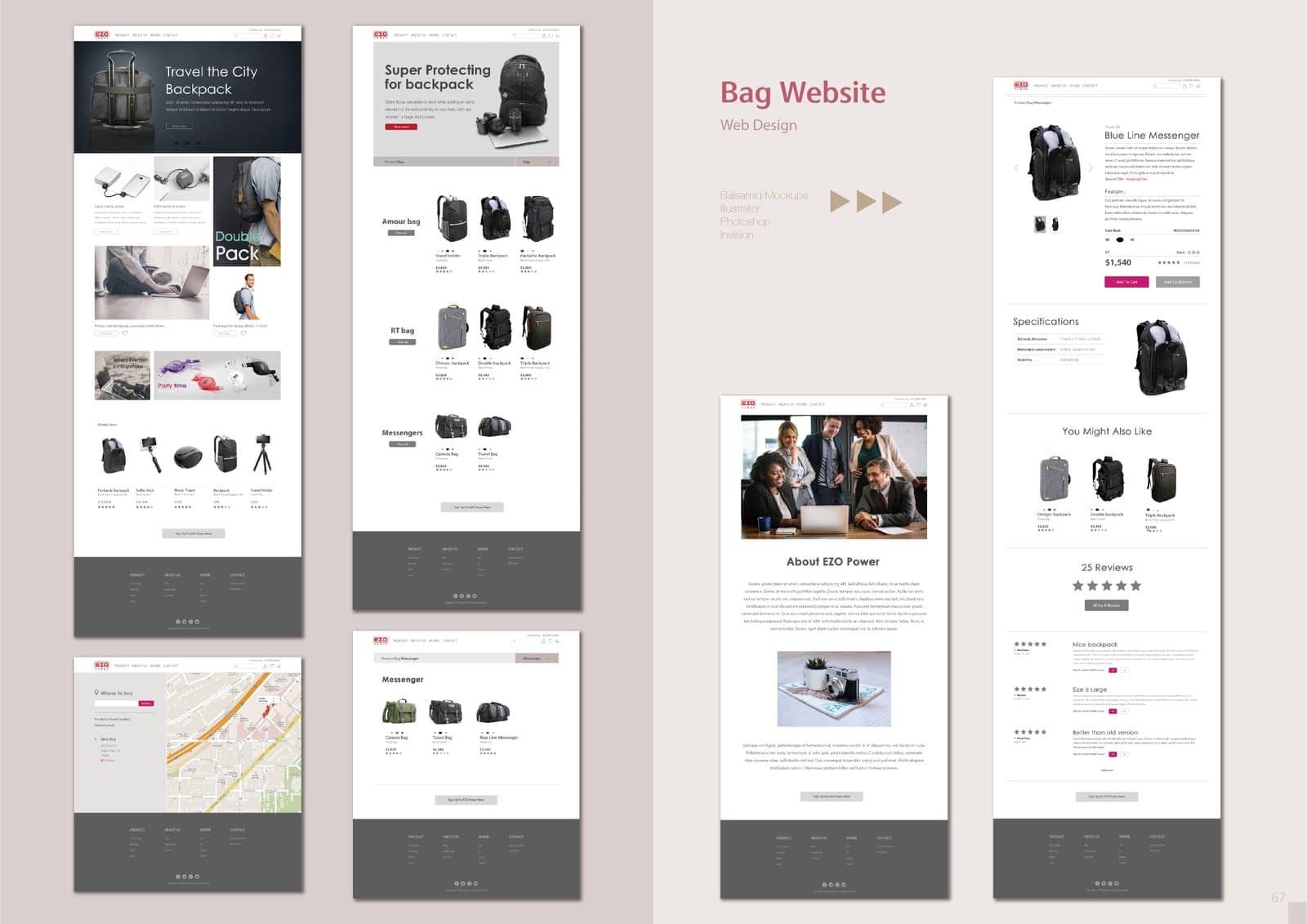 Bag Website UI design: EZO e-commerce mockups including homepage, backpack category listings, store-locator map, about page, and product detail with reviews.