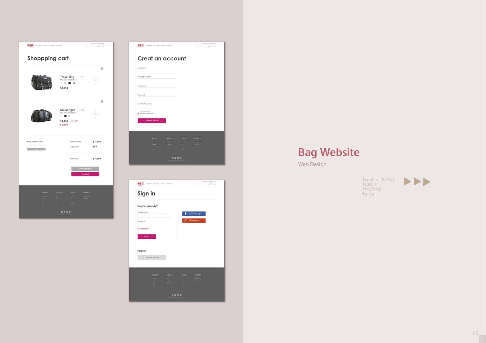 Bag Website UI design continued: EZO e-commerce mockups of the shopping cart, create-an-account form, and sign-in page with social login buttons.