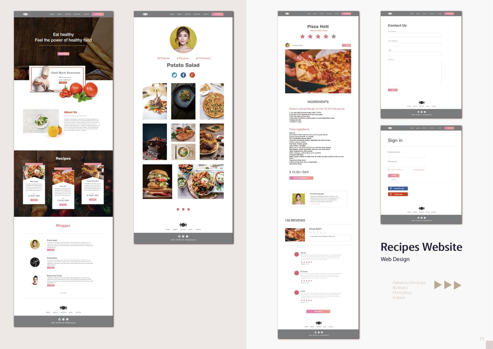 Web design spread for a Recipes Website: full-length mockups of the homepage, a Potato Salad profile page, a Pizza Hott recipe page with reviews, and contact/sign-in pages.
