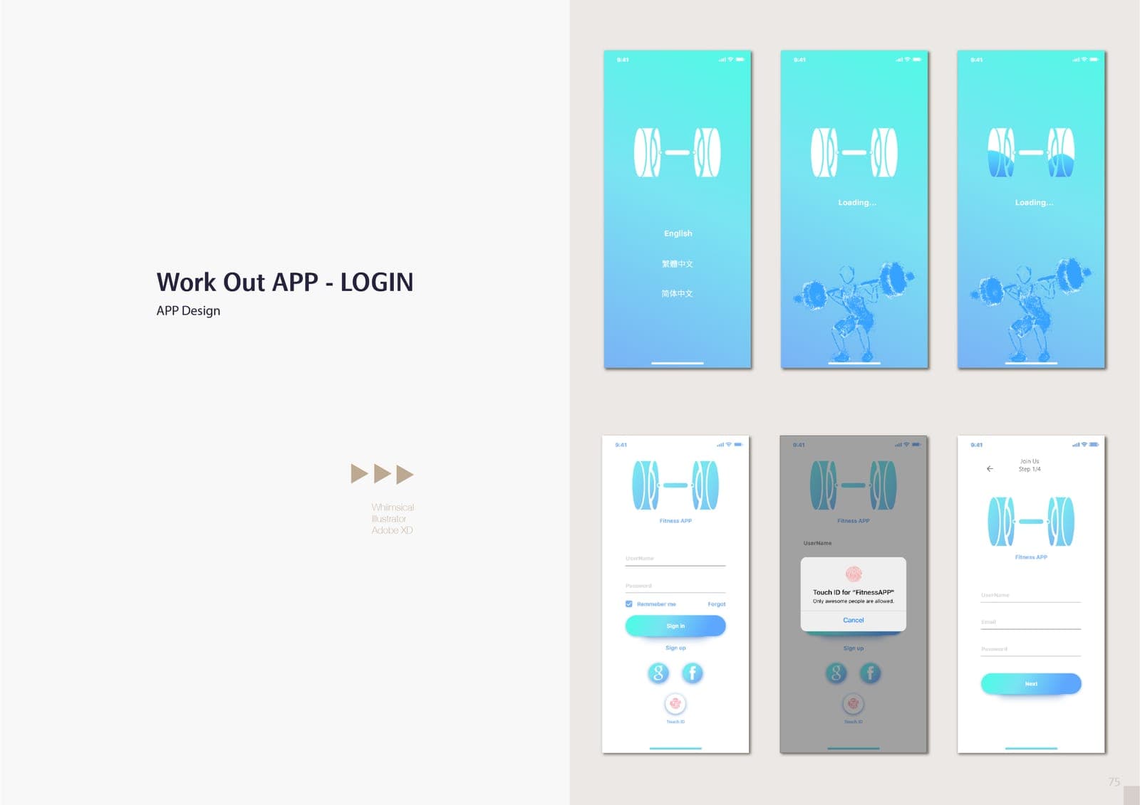 Work Out APP login screens: six phone mockups in a blue-teal gradient covering language selection, loading with a dumbbell logo, sign-in, Touch ID prompt, and sign-up step 1.