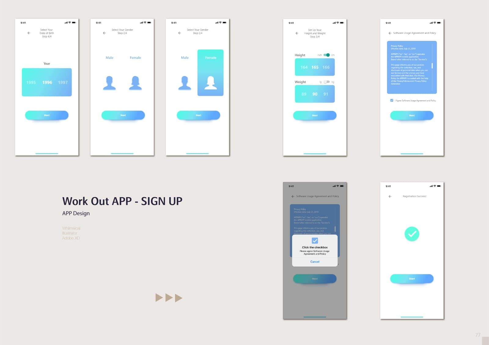 Work Out APP sign-up screens: seven phone mockups for birth year, gender, height and weight setup, usage agreement with checkbox alert, and a registration success screen.