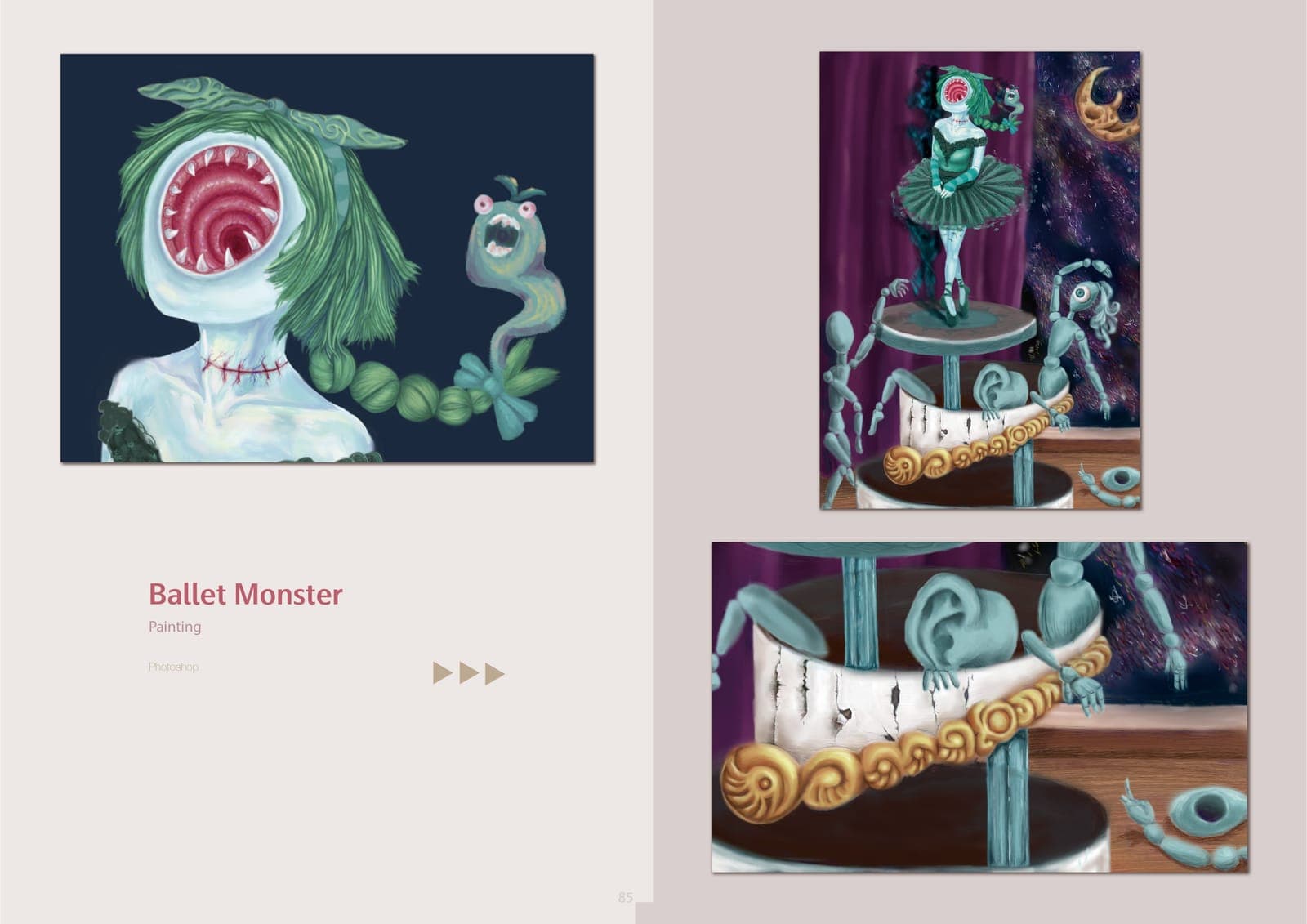 Ballet Monster painting spread: a green-haired creature whose face is a spiral toothed mouth, plus a monster ballerina posed on a tiered music-box stage with detail view.