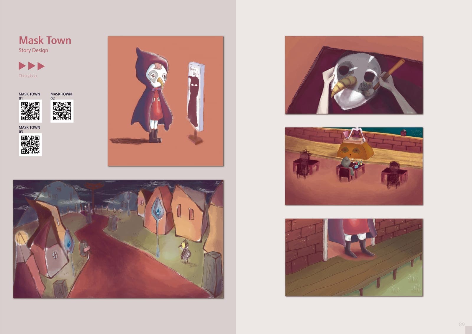Mask Town story design spread: illustrations of a hooded beak-masked child, a night town street, a plague-style mask being painted, a classroom, and a bridge scene.