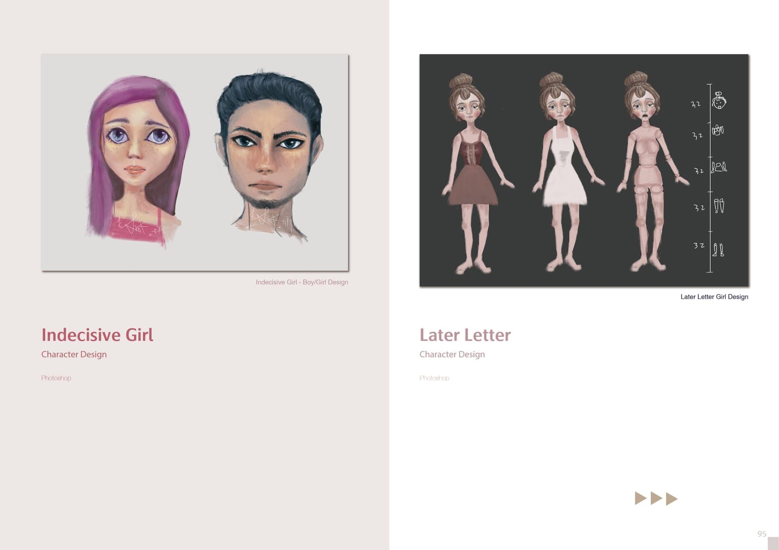 Character design spread: 'Indecisive Girl' digital portraits of a girl and boy, and 'Later Letter' girl shown in three costume and doll-body turnarounds.