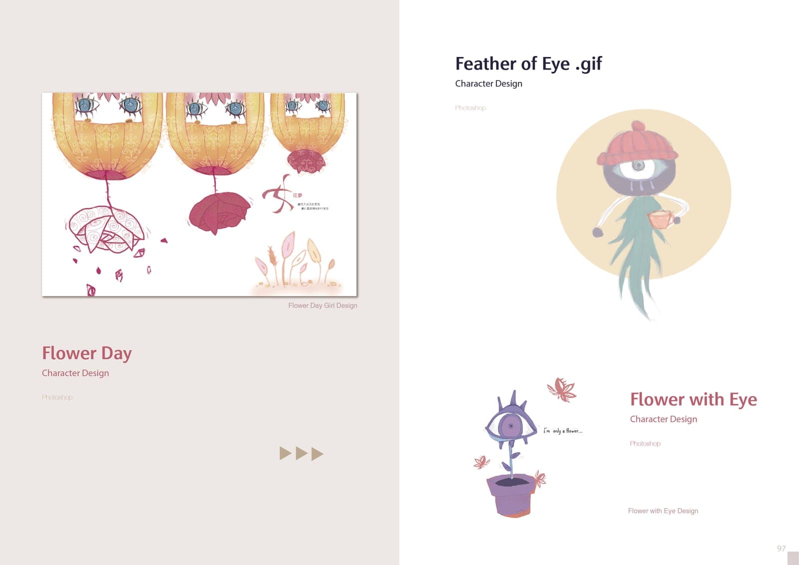 Character design page with three Photoshop works: 'Flower Day' flower-lantern girls, 'Feather of Eye .gif' one-eyed beanie figure, and 'Flower with Eye' potted eye flower.