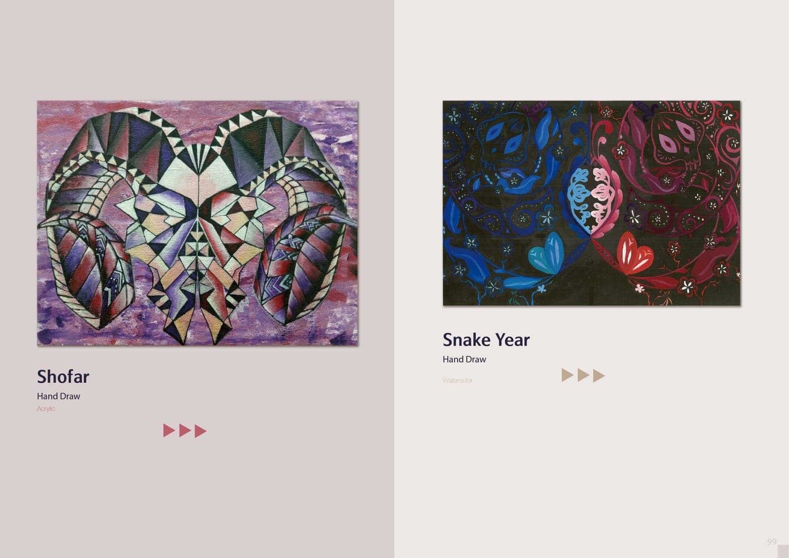 Hand-drawn painting spread: 'Shofar,' a geometric acrylic ram head on purple, and 'Snake Year,' a watercolor of mirrored blue and red snakes with hearts on black.