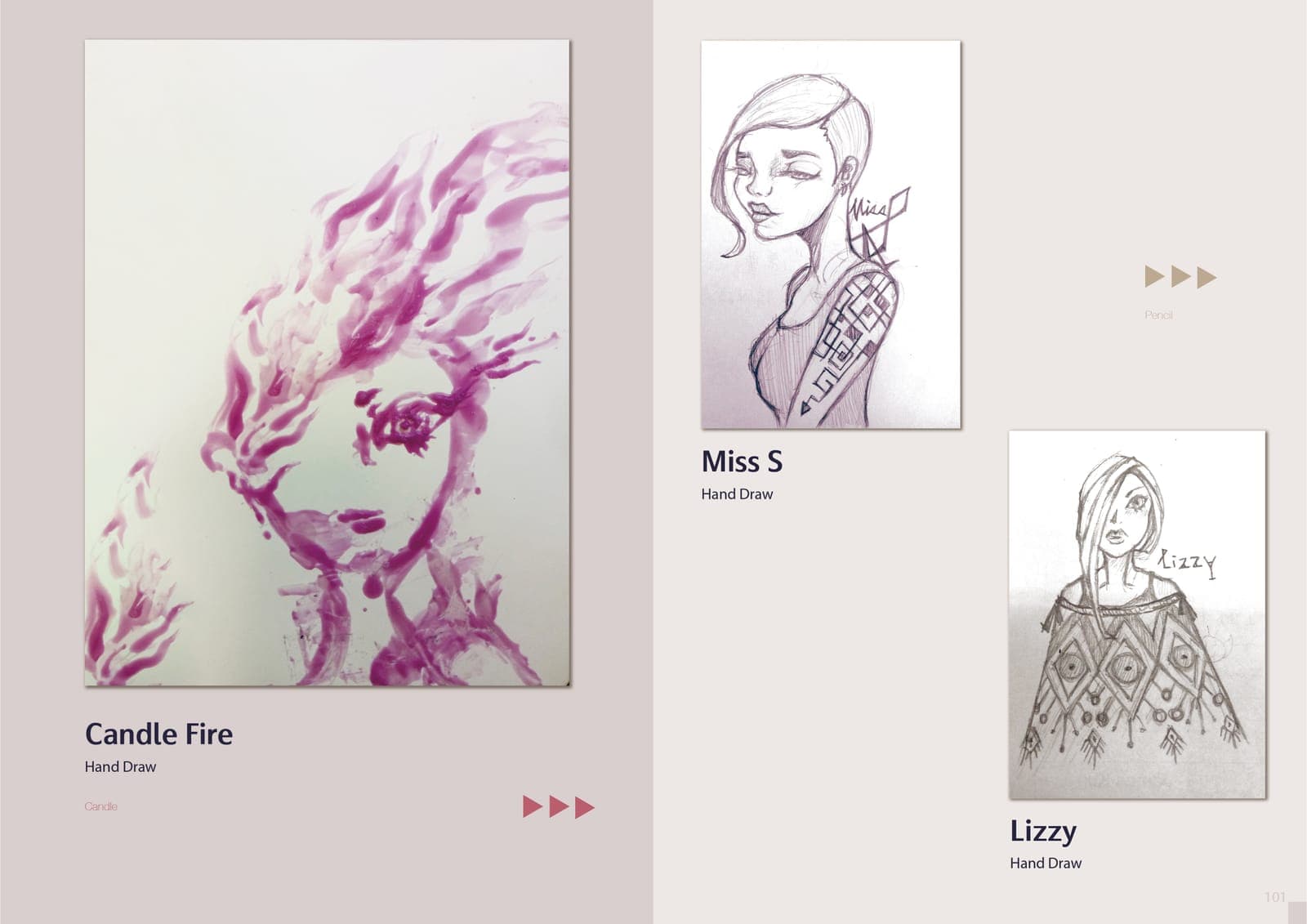 Hand-drawn page: 'Candle Fire,' a magenta candle-smoke portrait of a woman, beside pencil sketches 'Miss S' (tattooed woman) and 'Lizzy' (girl in patterned poncho).