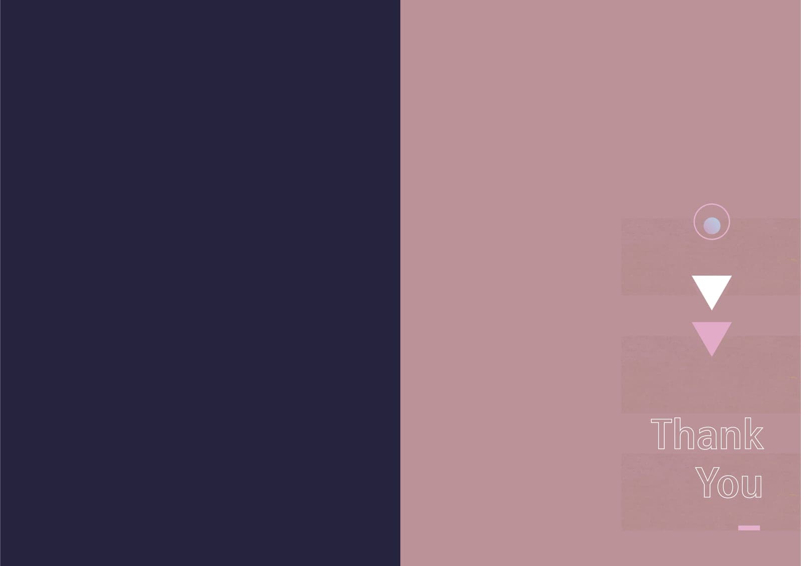 Closing spread of the portfolio: solid navy left page and dusty-pink right page with outlined 'Thank You' text, circle and triangle motifs.