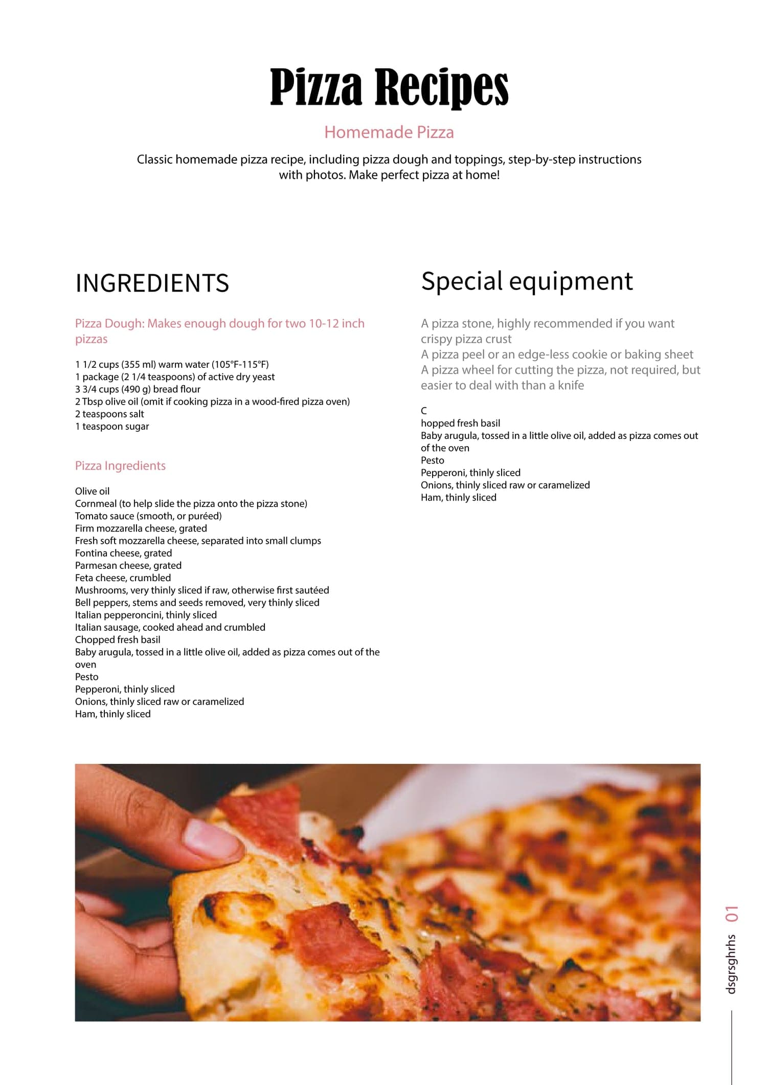 Pizza Recipes page with black serif title, two-column ingredients and special-equipment lists, and a close-up photo of a pizza slice being lifted.