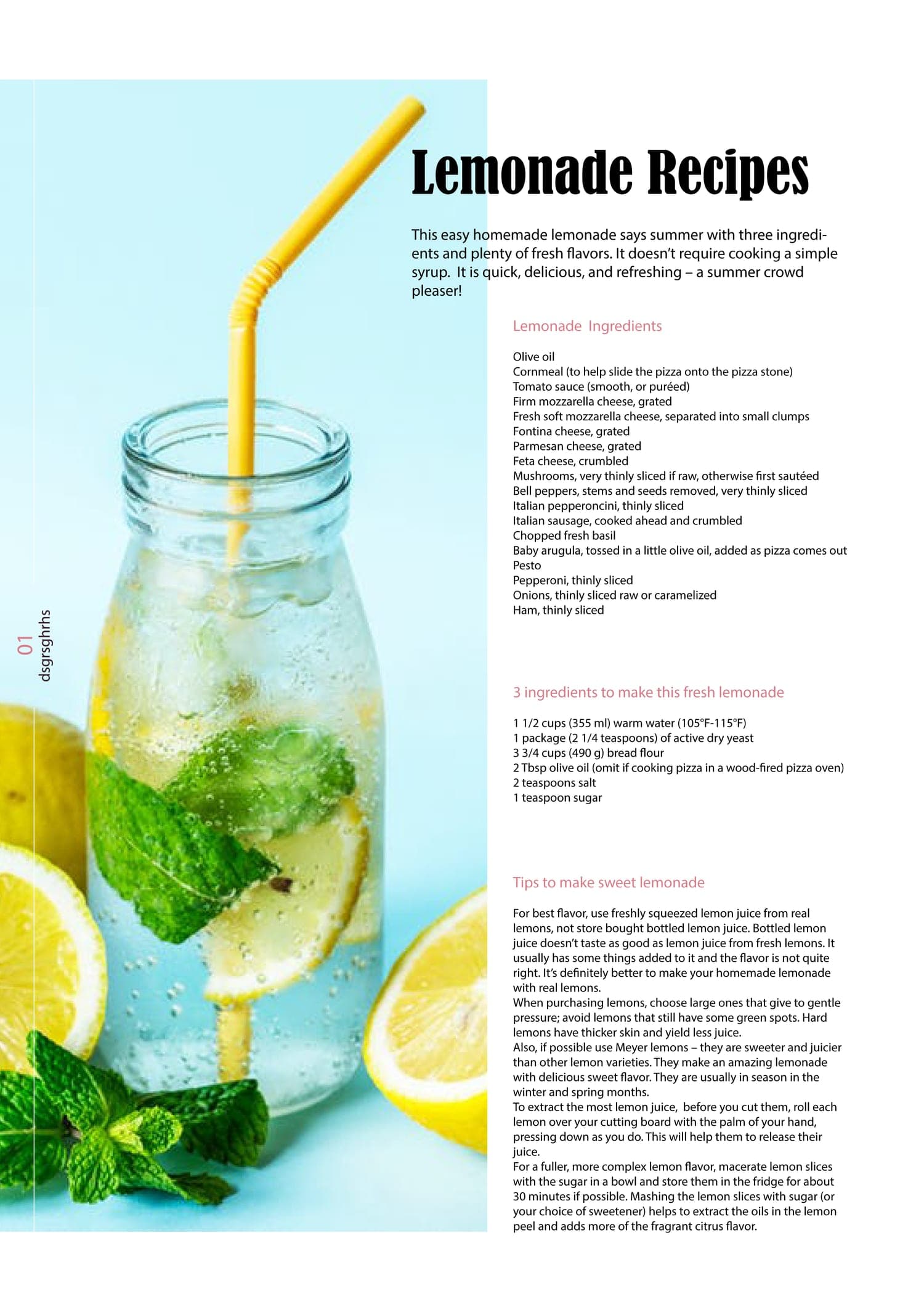 Lemonade Recipes page: lemonade bottle with yellow straw on pale blue background at left, ingredient lists and lemonade tips in columns at right.