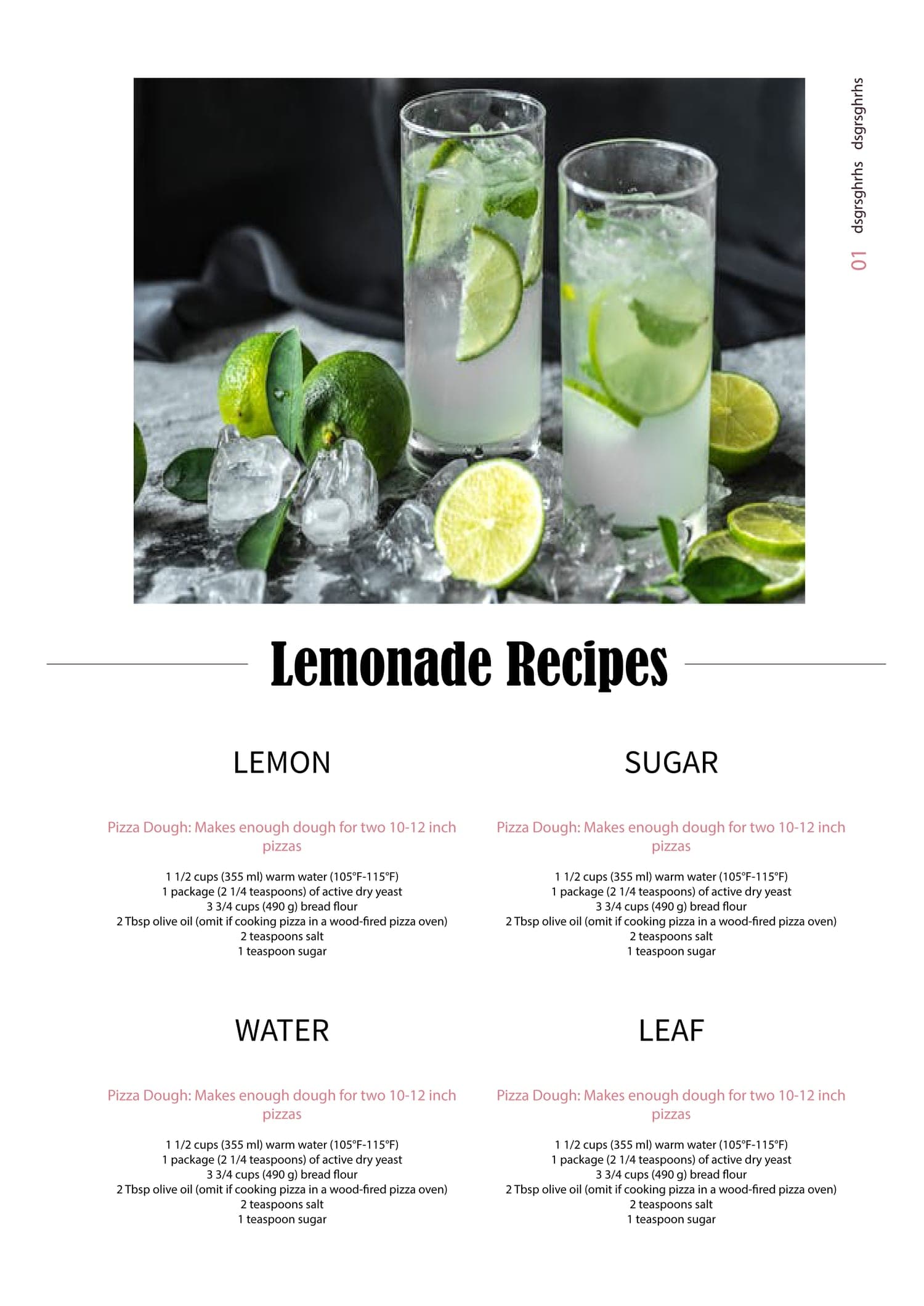 Second Lemonade Recipes page: black-and-white photo of two lime drinks over ice, centered rule-flanked title, and a four-block LEMON/SUGAR/WATER/LEAF grid.