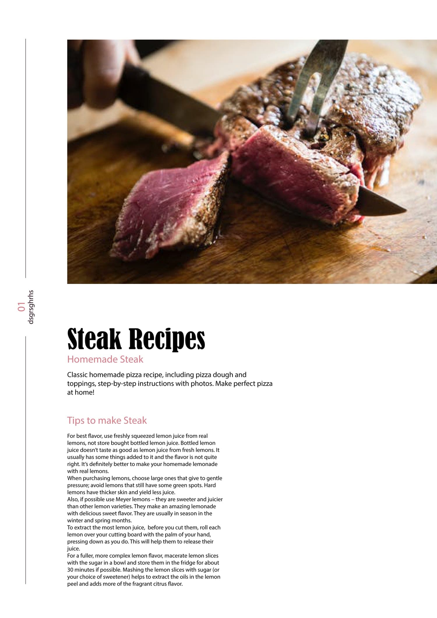 Steak Recipes page with a photo of a steak being carved on a wooden board above the title, subtitle, and a single column of cooking tips.