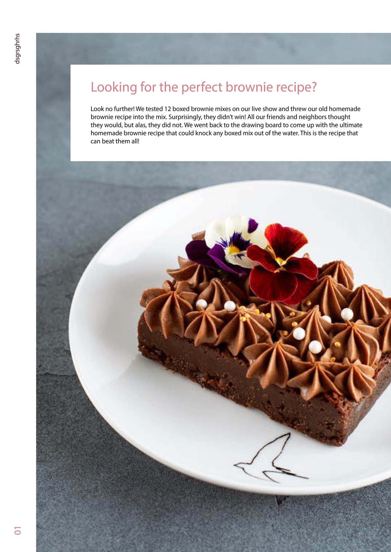 Brownie chapter opener: white text box asking 'Looking for the perfect brownie recipe?' above a frosted brownie with edible flowers on a white plate.
