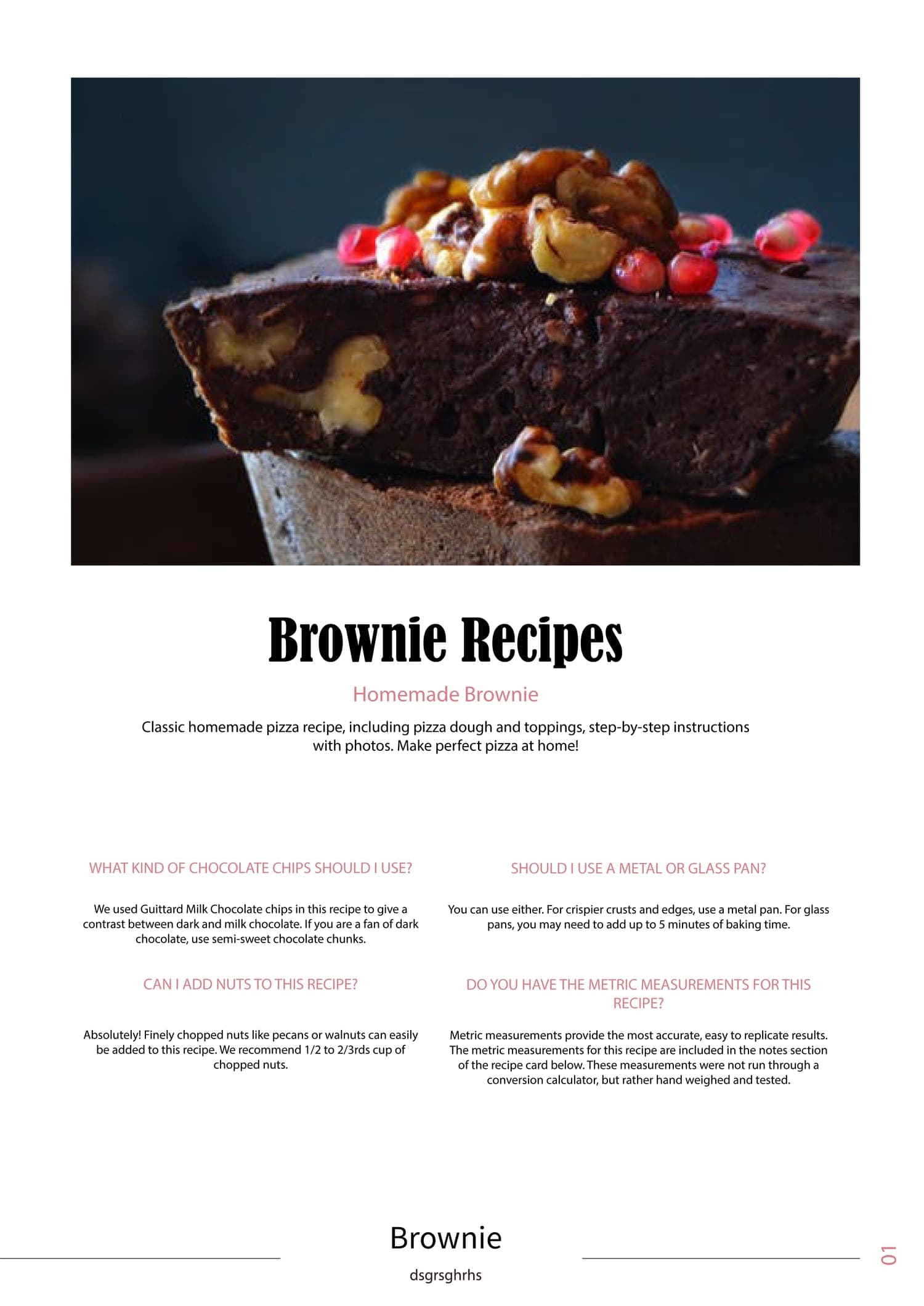 Brownie Recipes page: dark close-up photo of a walnut brownie stack above the title and a two-column FAQ section with pink question headings.