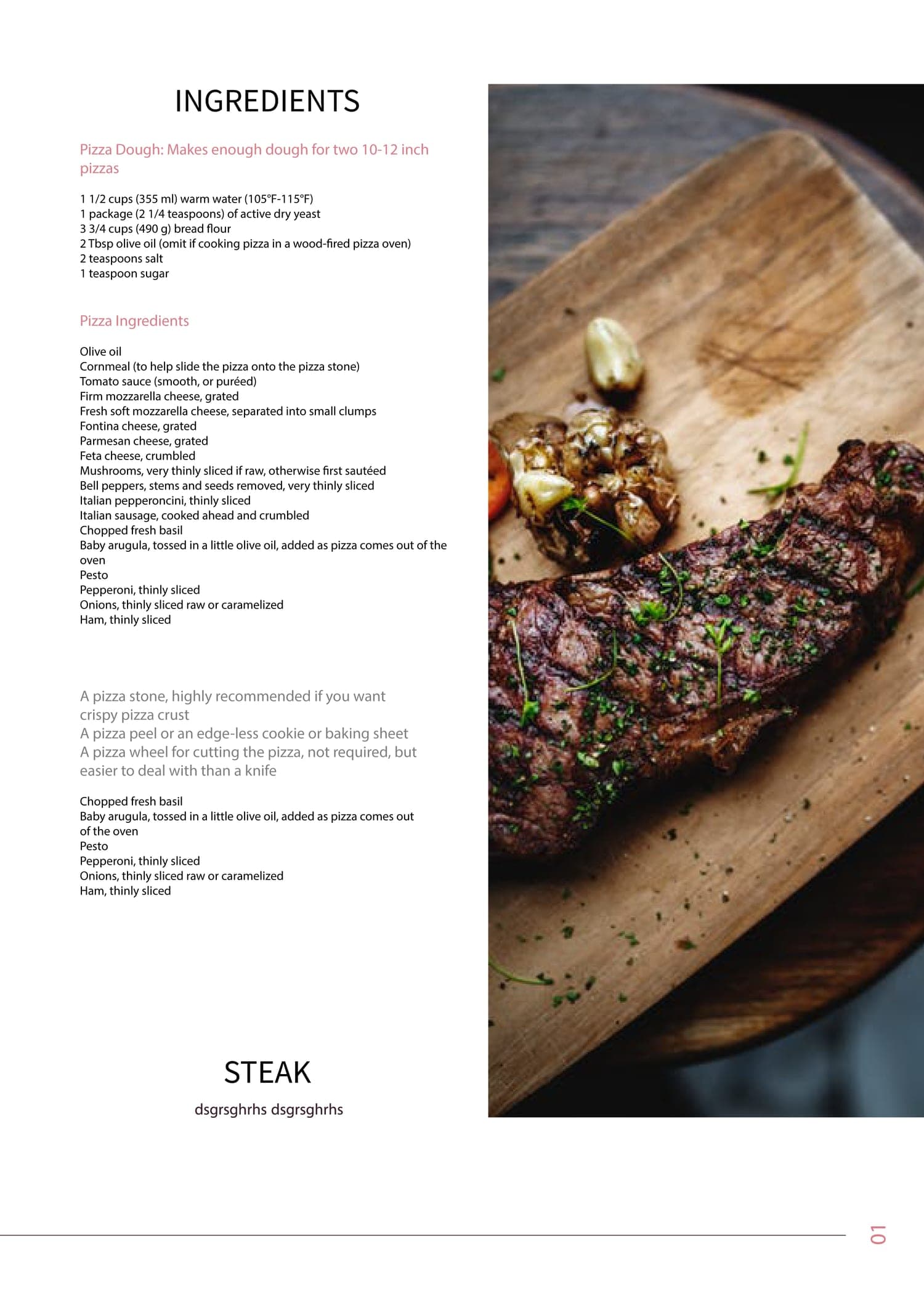 Steak ingredients page: left column lists ingredients and equipment, right half is a vertical photo of a grilled steak with roasted garlic on a wooden board.