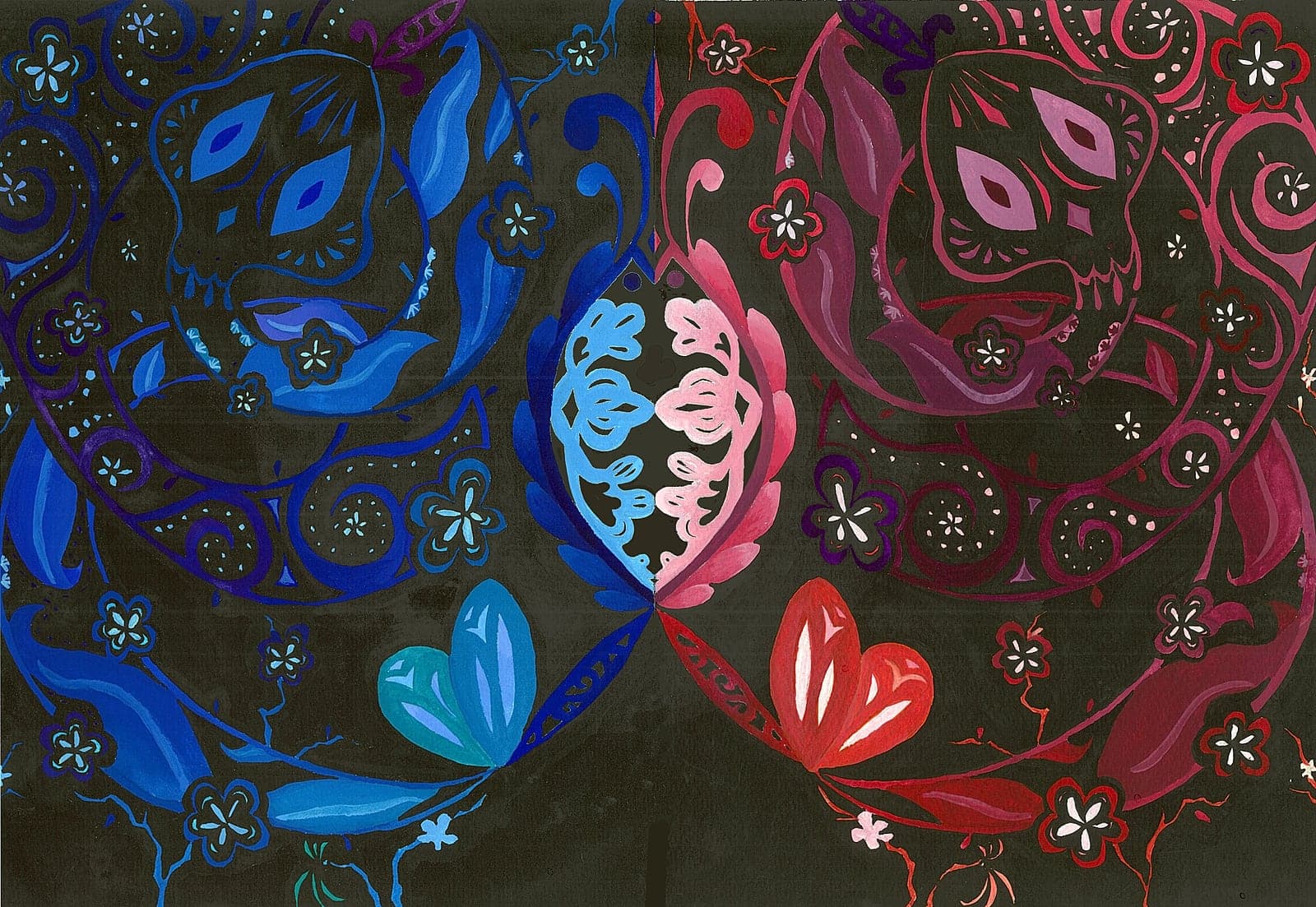 Watercolor of two mirrored snake totems on black: a cold blue snake and a warm red snake coiled symmetrically, decorated with flowers, hearts and scale patterns