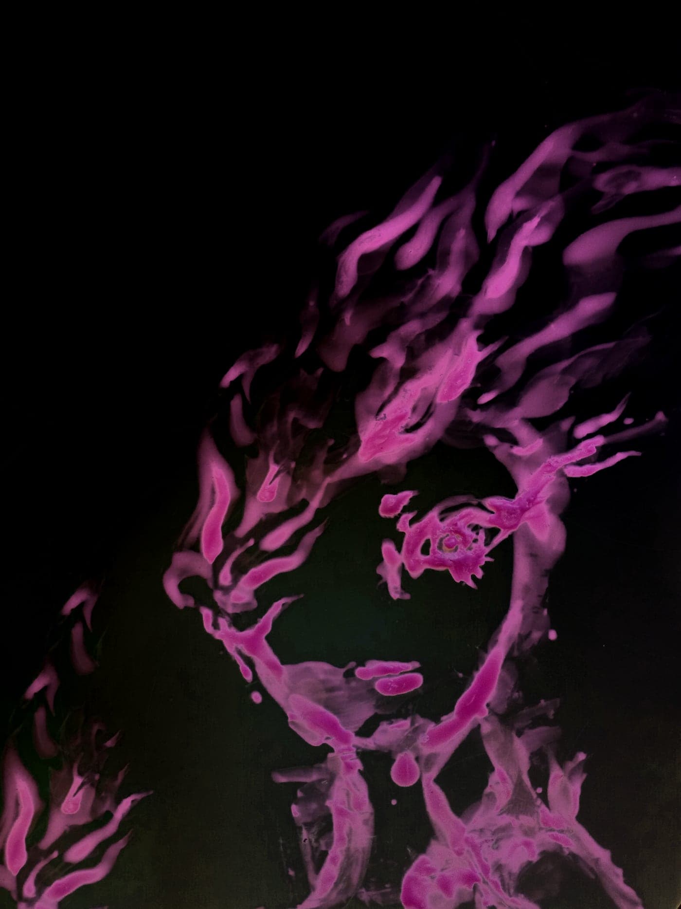 Digital reprise of the candle painting: the pink flame woman over a green, purple and blue gradient with scattered ink textures