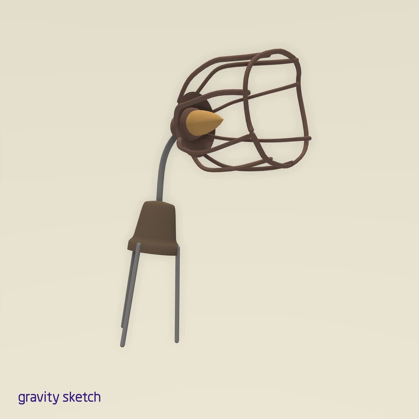 Three-quarter front view of the Gravity Sketch VR wire-cage lamp, showing the amber teardrop bulb inside the brown cage shade and the tripod-legged stand.