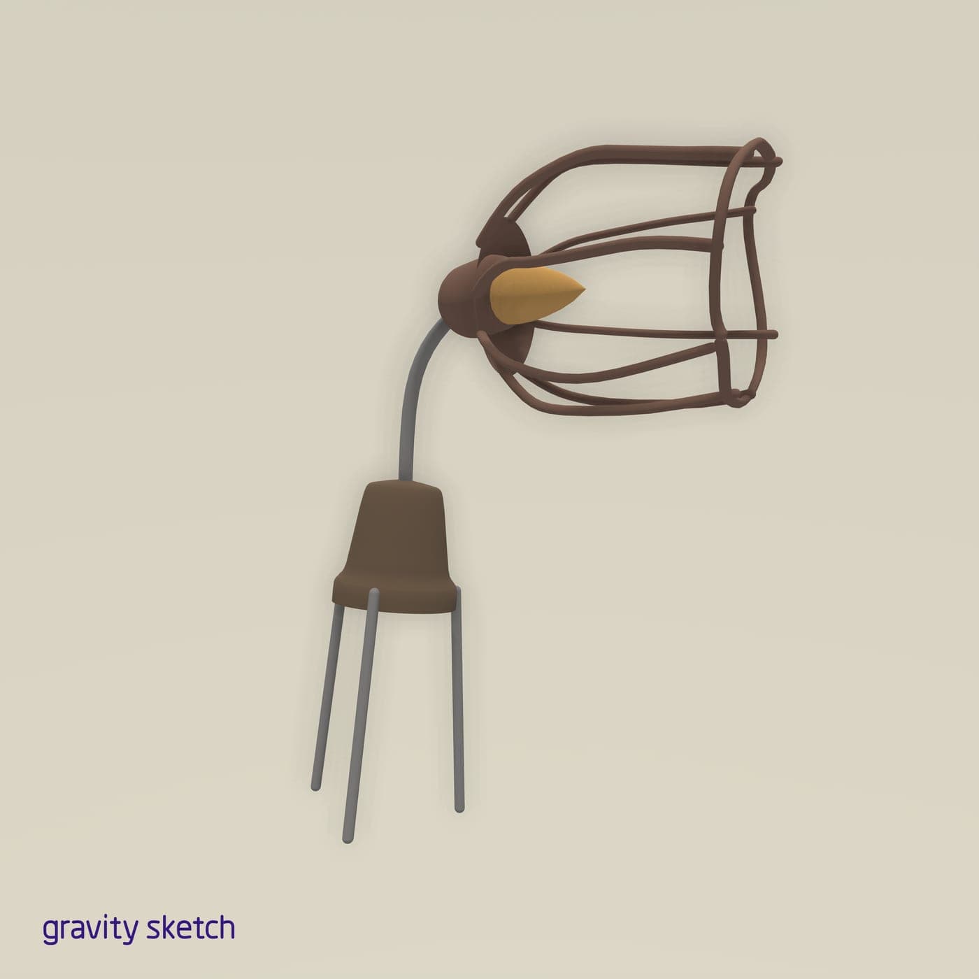 Wire-cage lamp modeled in Gravity Sketch VR: brown cage shade around an amber teardrop bulb on a bent gray stem with hairpin legs, against a beige backdrop.