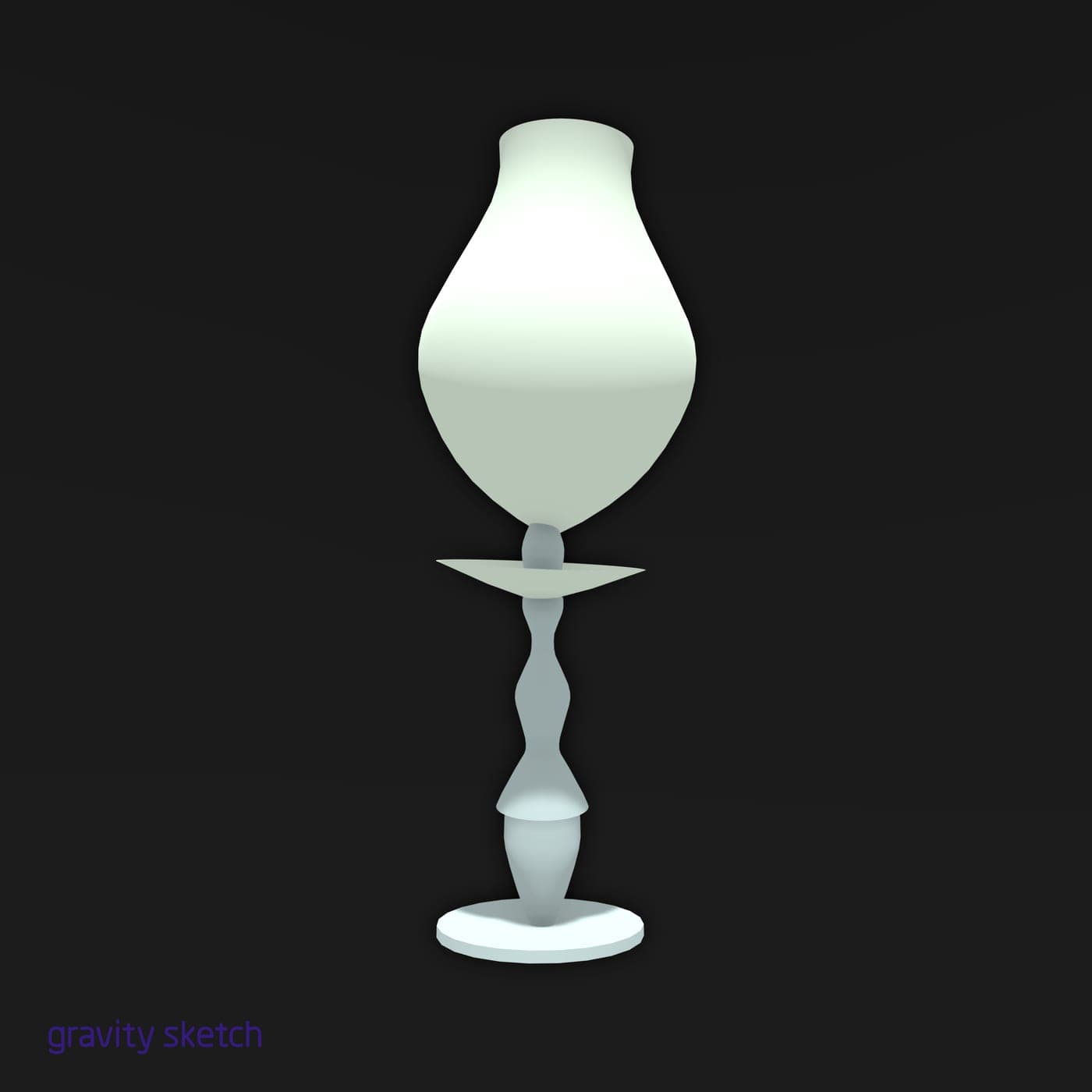 Glowing pear-shaped table lamp with a saucer and sculpted candlestick stem, modeled in Gravity Sketch VR on black (2019).
