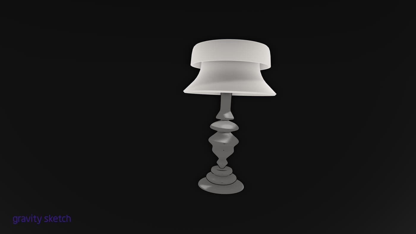 White table lamp with a wide shade and turned baluster stem on a black background, modeled in Gravity Sketch VR (2018).