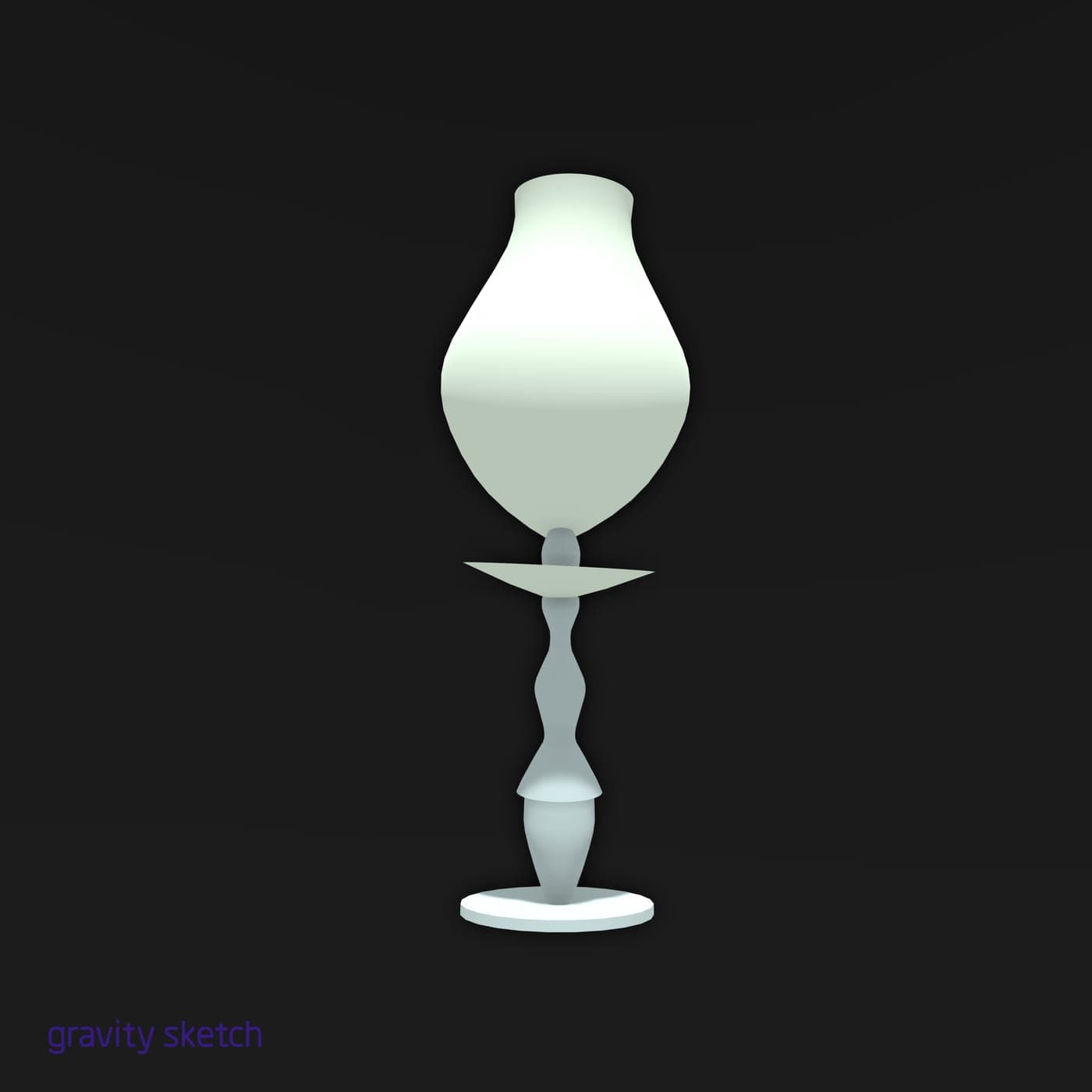 3D render of a pale mint table lamp modeled in Gravity Sketch VR: bulbous shade, saucer mid-tier, and a sculpted wavy stem on a round base, on black.
