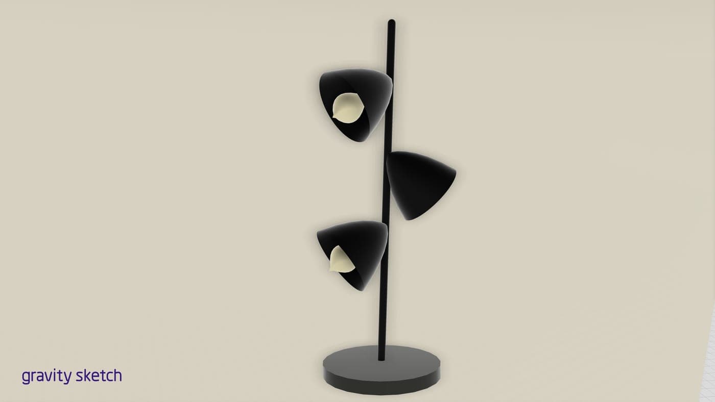 Black table lamp concept with three cone-shaped shades staggered on a central pole, modeled in Gravity Sketch VR (2018).