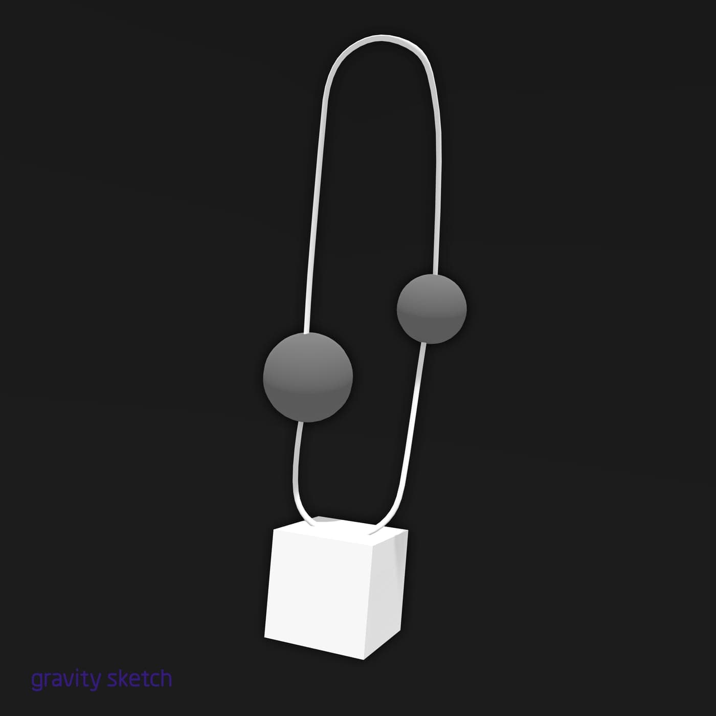 Minimalist necklace modeled in Gravity Sketch VR: a white cord loop with two gray sphere beads and a white cube pendant on black (2019).