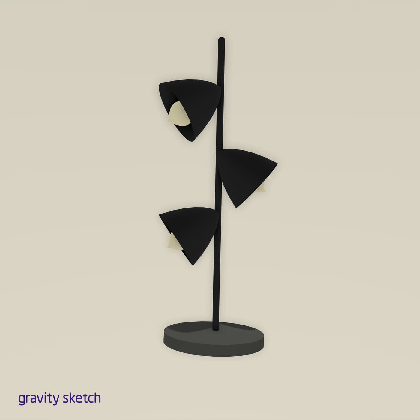 Black three-shade pole lamp modeled in Gravity Sketch VR: conical shades with cream bulbs staggered on a slim black pole over an oval base, beige backdrop.