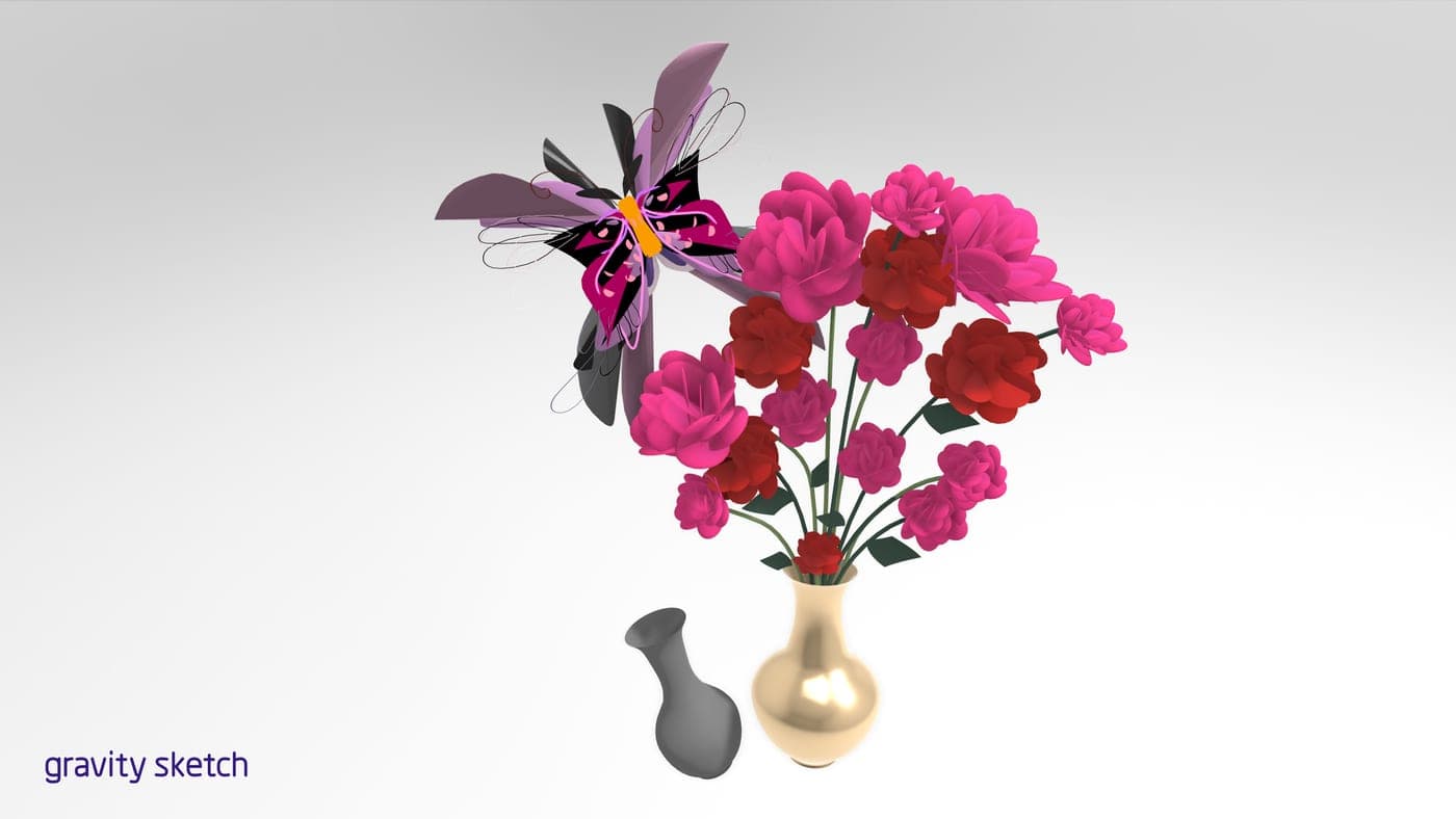 VR sketch of pink and red roses in a gold vase with a stylized purple butterfly, modeled in Gravity Sketch (2018).