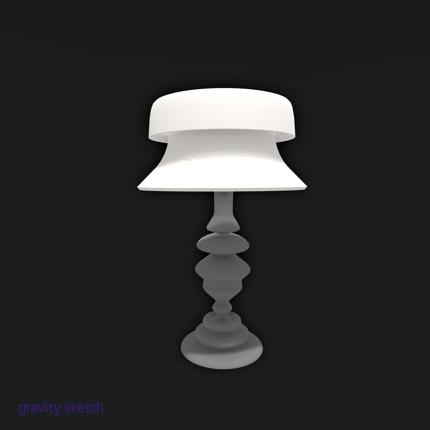 White table lamp modeled in Gravity Sketch VR: glowing two-tier shade above a gray turned baluster stem, centered on a black background.