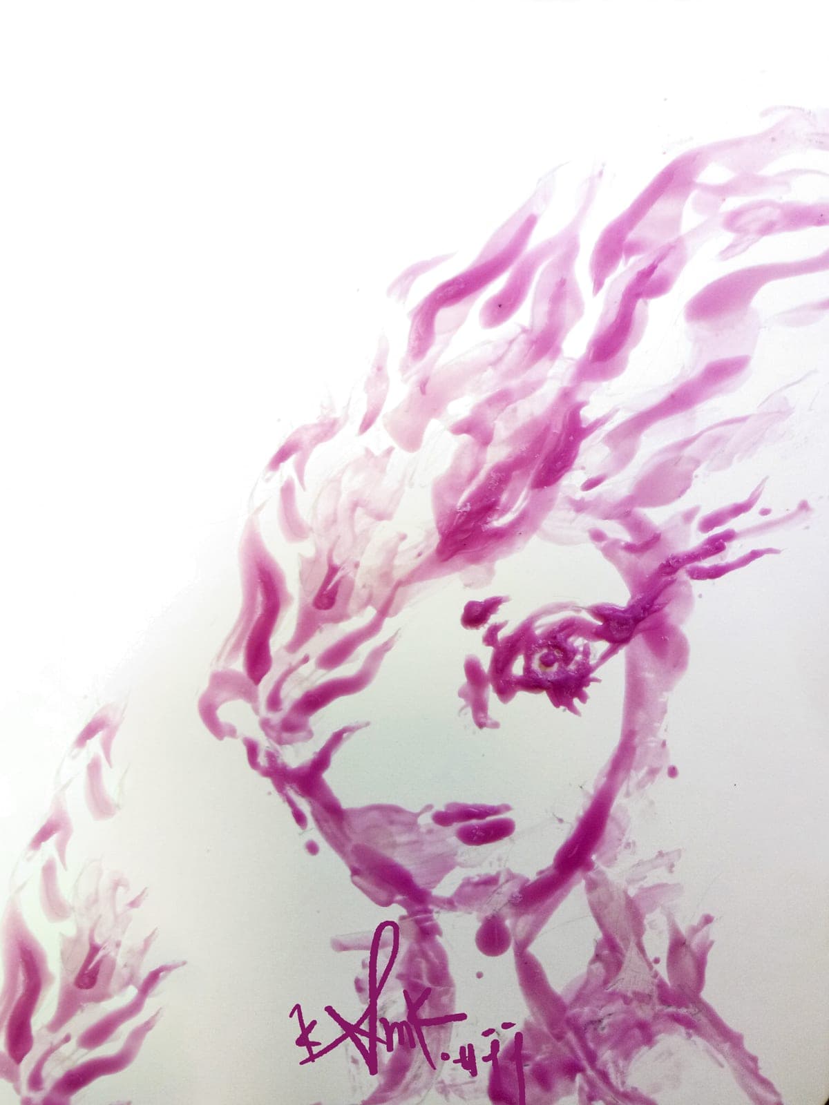 Painting of a woman whose hair rises as magenta candle flames, painted in flame-like strokes on white, signed