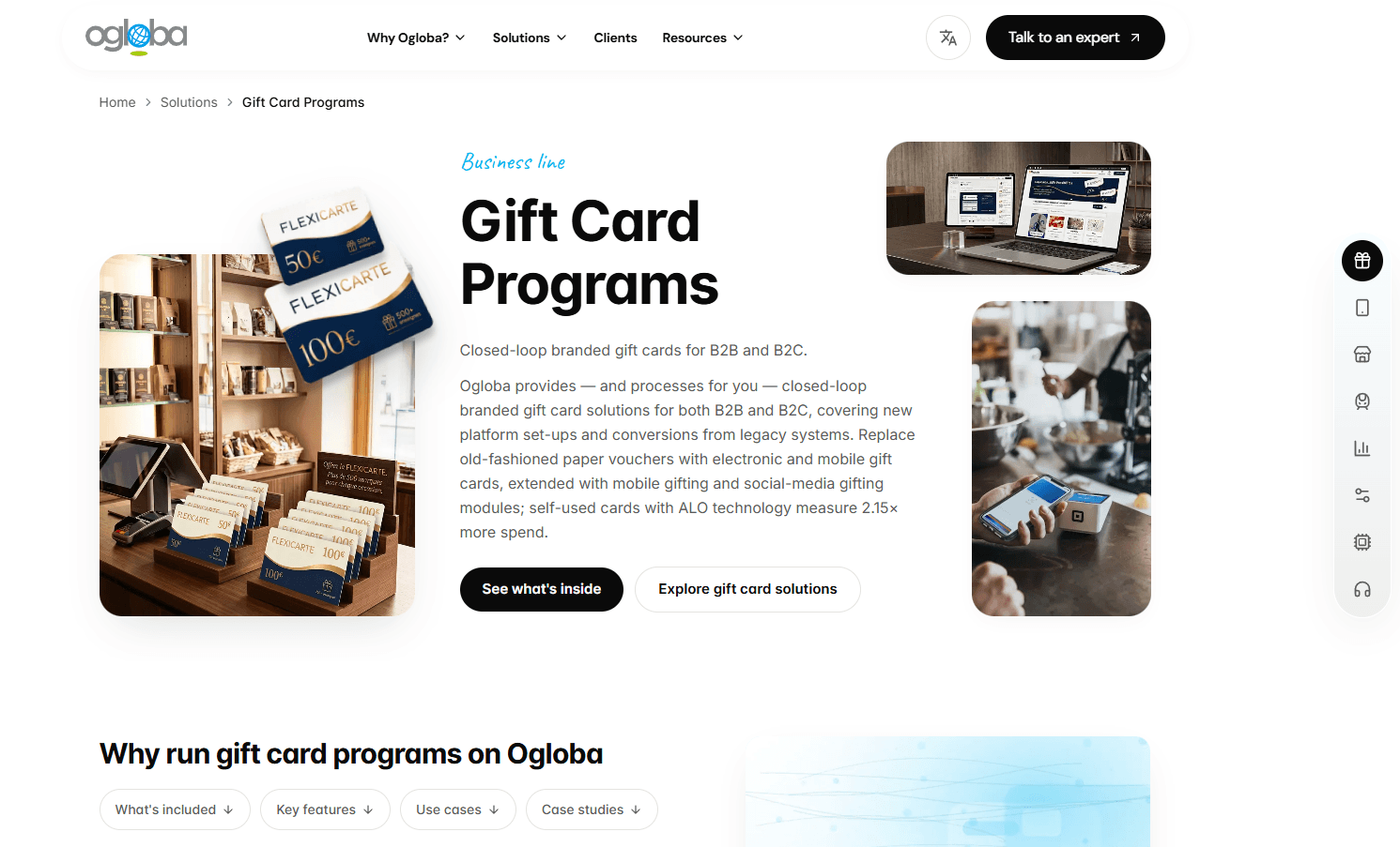 Gift Card Programs page with a central narrative, image collage, breadcrumbs and side navigation