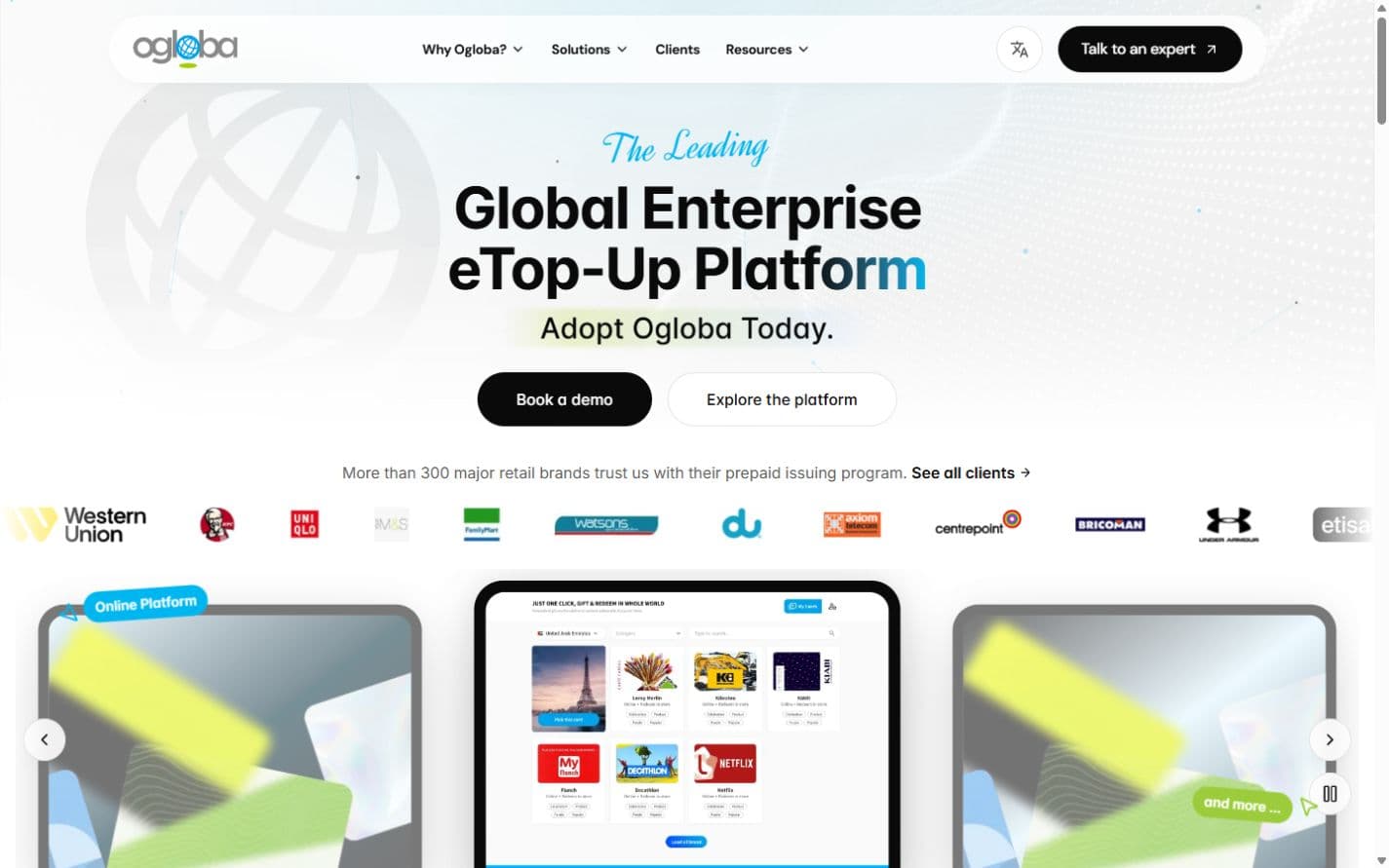 Ogloba desktop hero with a centered headline, two actions, logo rail and product carousel