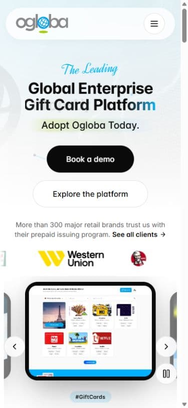 Ogloba mobile hero with stacked actions and a single prominent carousel slide