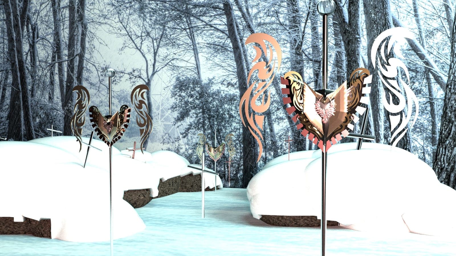 Daylight 3D render looking down a snowy forest path lined with winged-heart shield poles, copper tribal cutouts, and slender metal crosses.