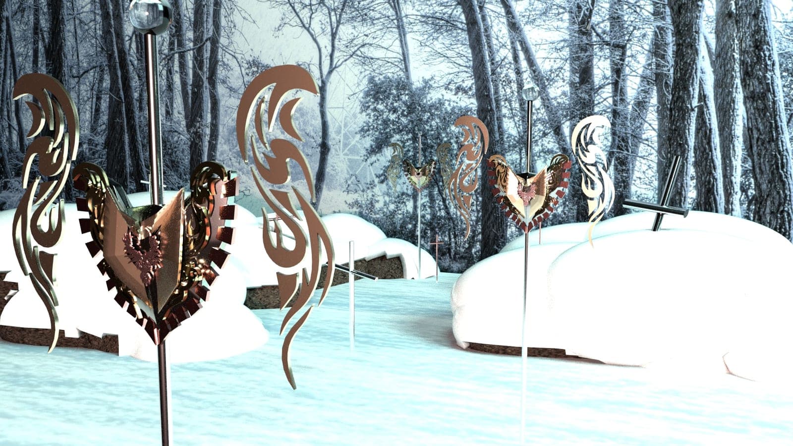 Wide daylight 3D render of ornate copper winged-heart shields on metal poles in a snow-covered forest, with tribal flame cutouts rising between snowy mounds.