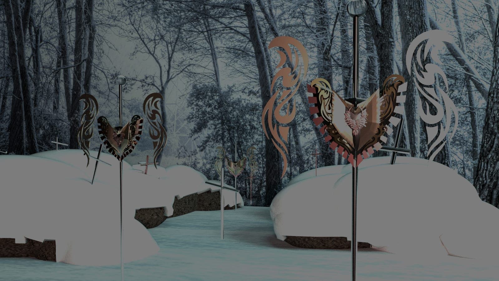 Dusk-lit 3D render of the snowy forest path, the winged-heart shields and copper cutouts glinting dimly between snow mounds and bare trees.