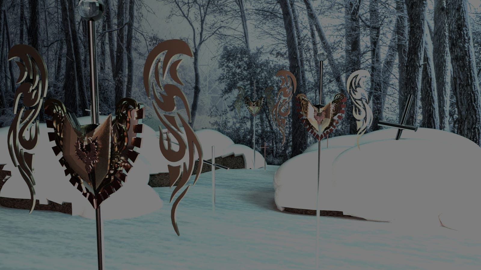 Dark lighting variant of the wide snow-forest view, a large winged-heart shield in the left foreground beneath a glass-topped pole.