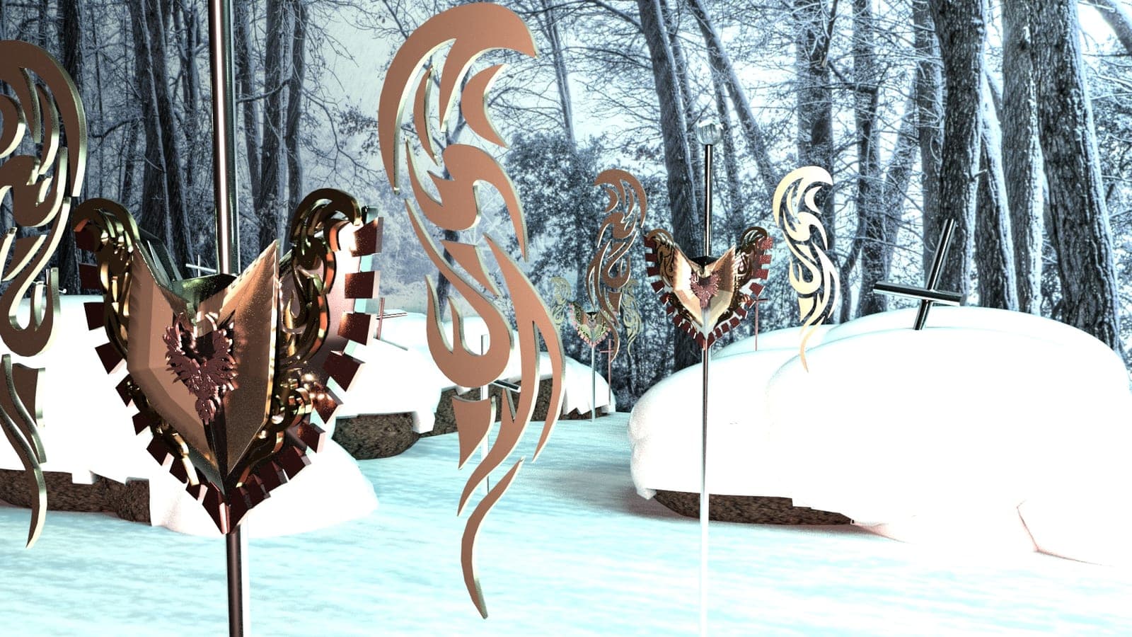 Close-up 3D render of a metallic winged-heart shield with engraved copper ornament and red serrated edging, standing among snow mounds in a wintry forest.