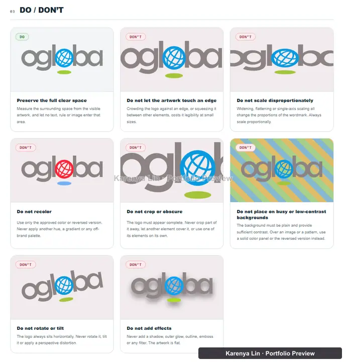 Visual masterbrand do and do not examples for spacing, scale, color, contrast, rotation and effects