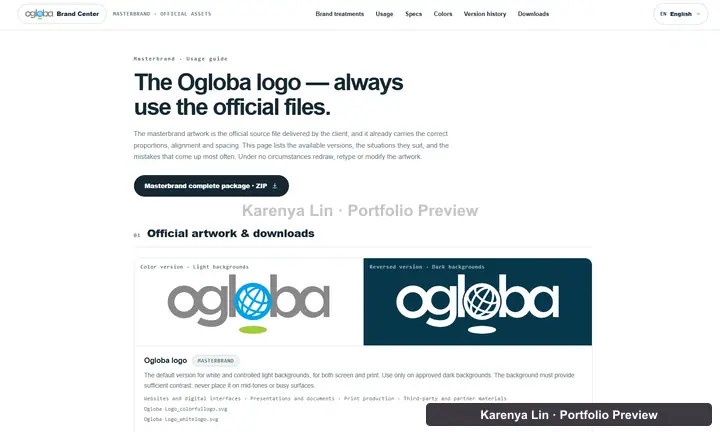 Masterbrand guide showing official color and reversed Ogloba files