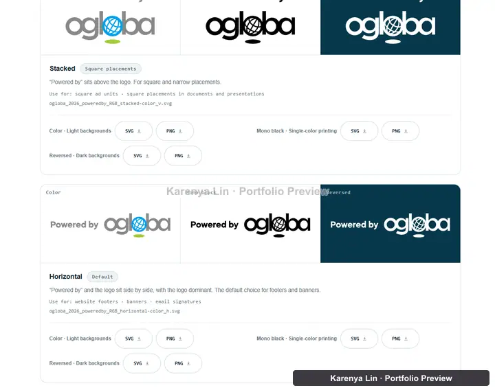 Horizontal Powered by Ogloba artwork with usage notes and color-specific downloads