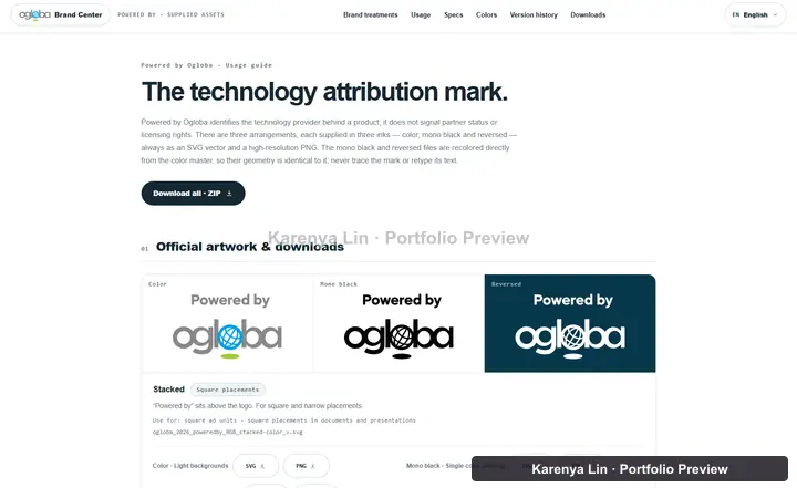 Powered by Ogloba guide with stacked artwork in color, black and reversed versions