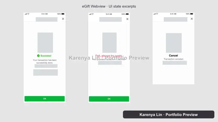 Three eGift Webview result-state excerpts, with customer branding, transaction amounts and timestamps obscured